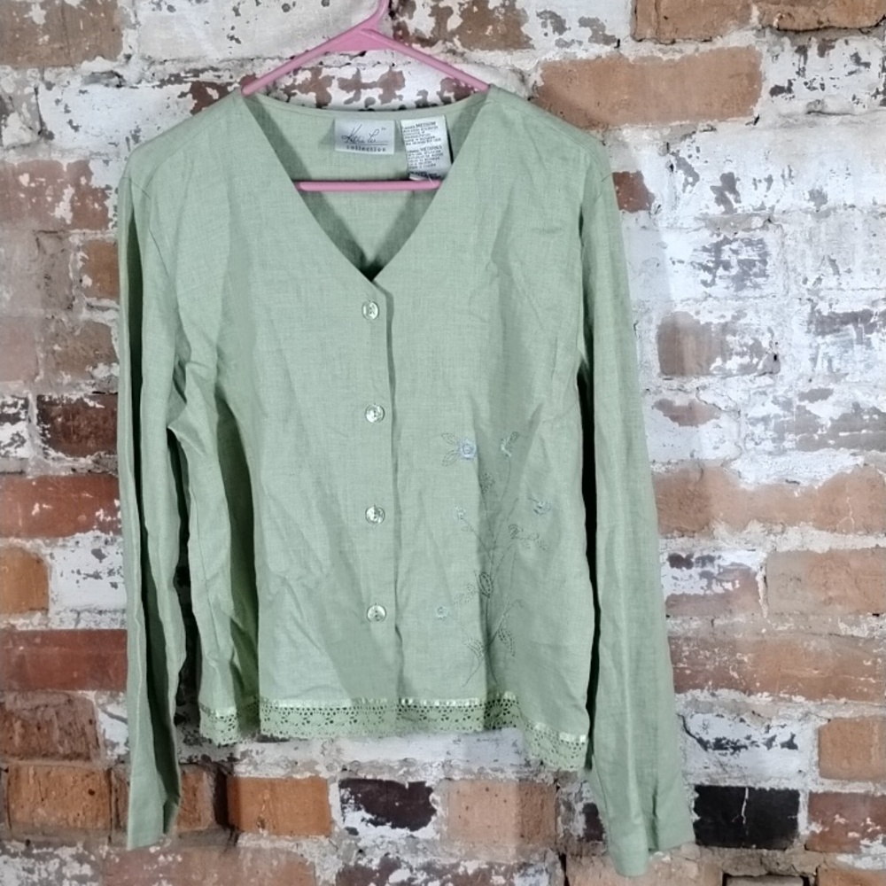 Kathie Lee Collection Green Button Up Floral Blouse Size Medium
